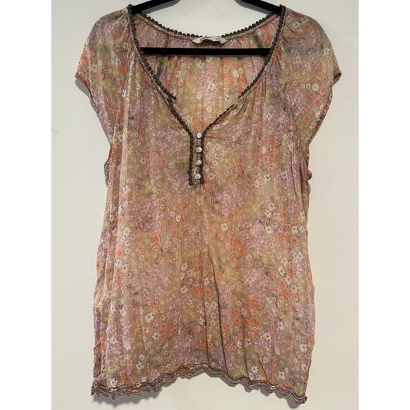 Old Navy Floral Boho Peasant Top Women’s L Tall Sheer Blouse Cap Sleeve - Picture 1 of 7